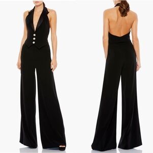 NEW IEENA for MAC DUGGAL Black PLUNGE Halter Neck TUXEDO Evening JUMPSUIT 2